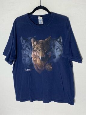 Vintage M&O Knits Navy Grey Brown Wolf Graphic T Shirt XL Rocky Mountain House